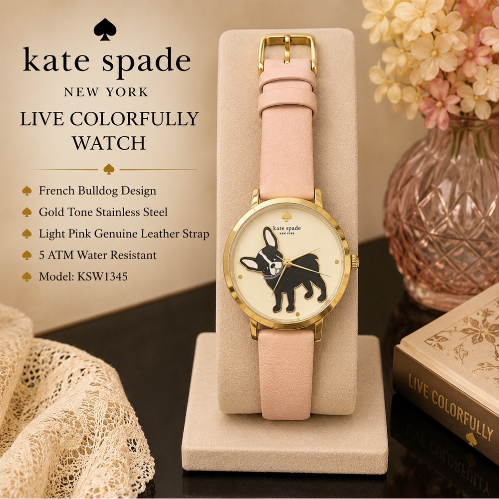Kate Spade New York “Live Colorfully” French Bulldog Watch – Pink Leather Strap
